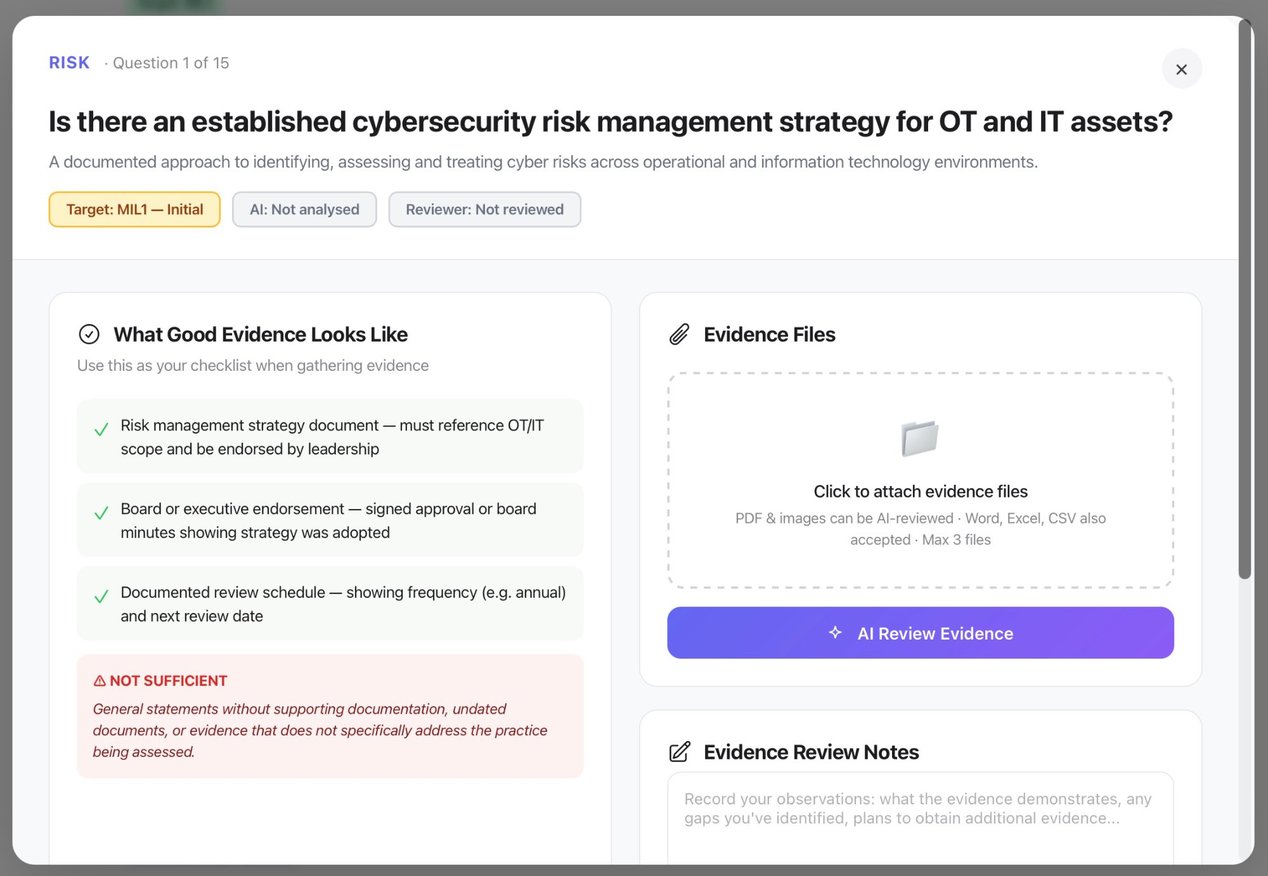 AI Evidence Review panel showing evidence upload and AI Review Evidence button