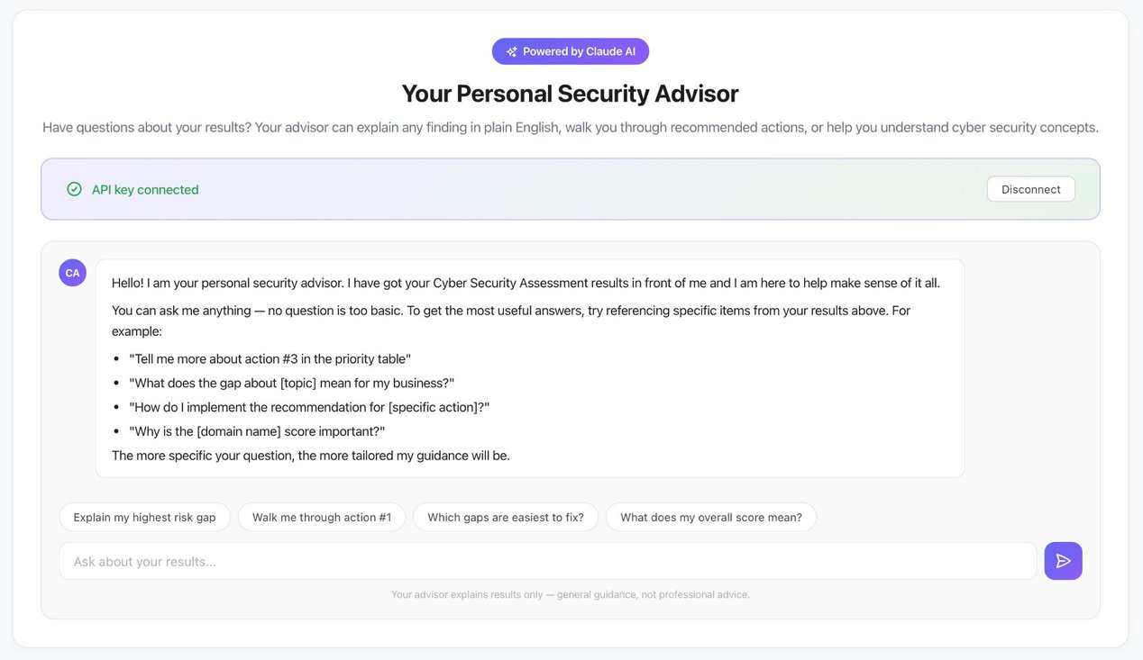 Personal Security Advisor AI chat interface with full CRA assessment results context