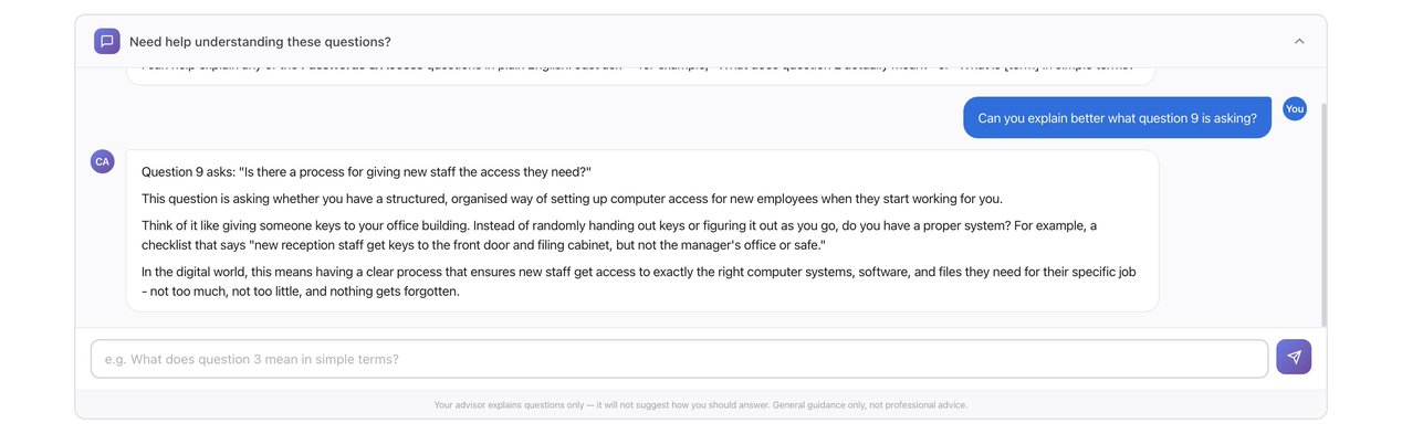 AI assistant explaining cyber security assessment questions in plain English