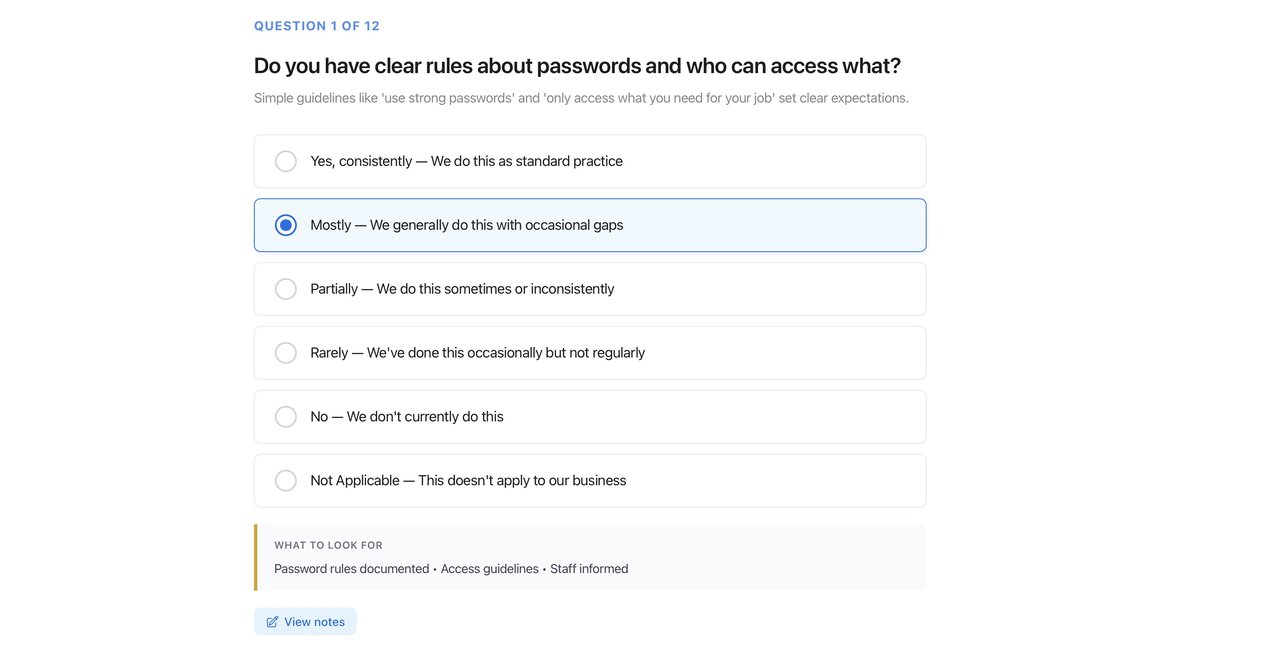Assessment question interface showing radio button answer choices and plain English guidance