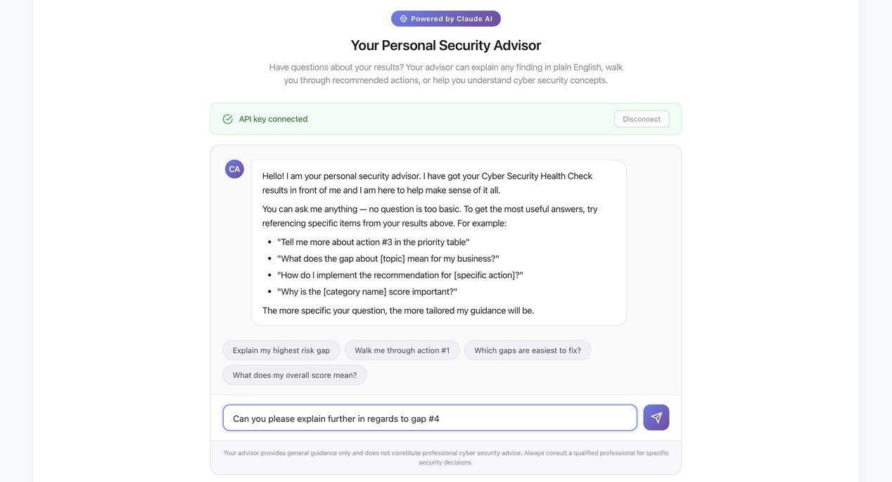 AI Personal Security Advisor answering questions about cyber security results and recommended actions