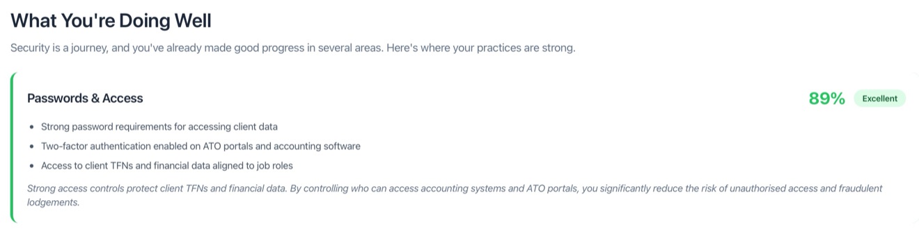What You're Doing Well section highlighting the security areas where the business is already strong, with a score and an Excellent rating