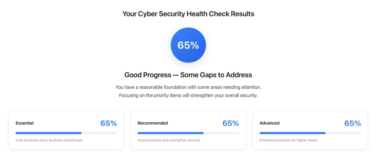 Cyber Security Health Check results screen showing an overall score and maturity across Essential, Recommended and Advanced practice levels