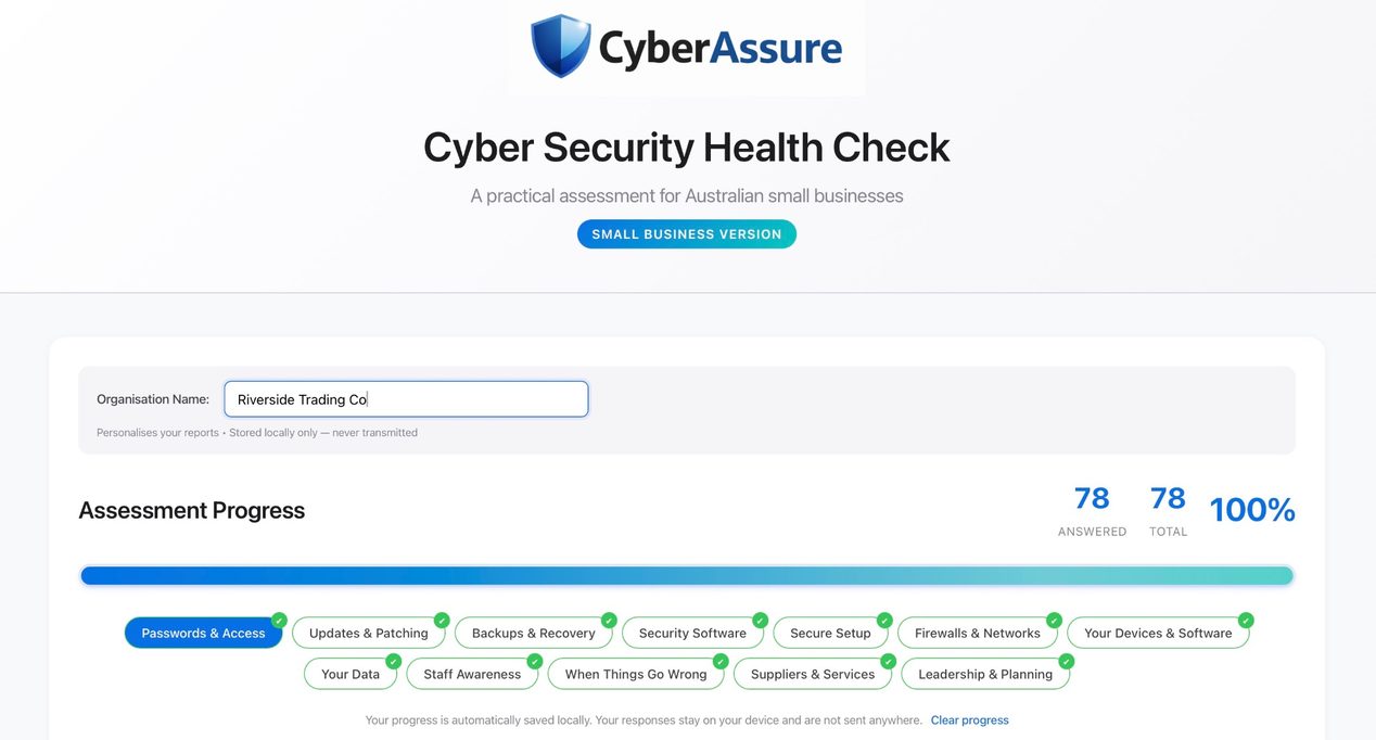 CyberAssure health check progress overview showing all 11 security domains