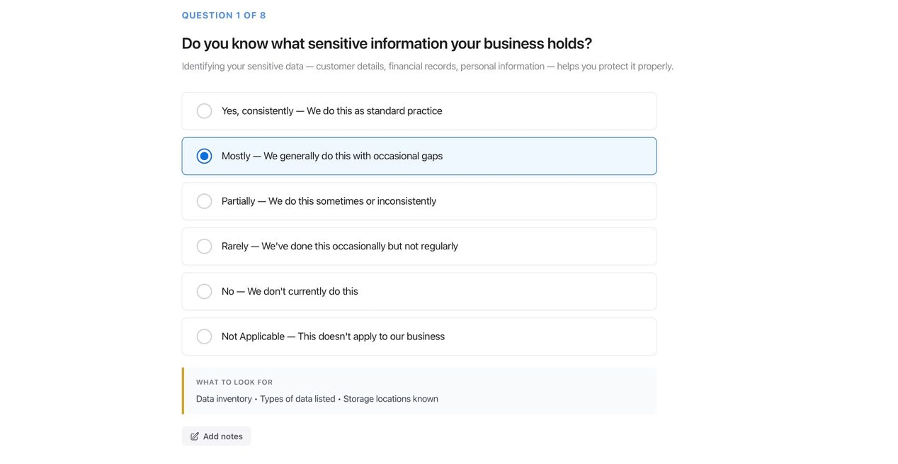 Health check question interface with plain-English guidance