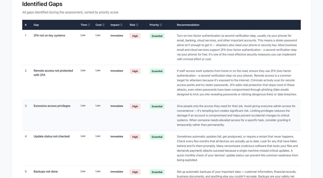 Identified gaps table sorted by priority with recommendations for each item