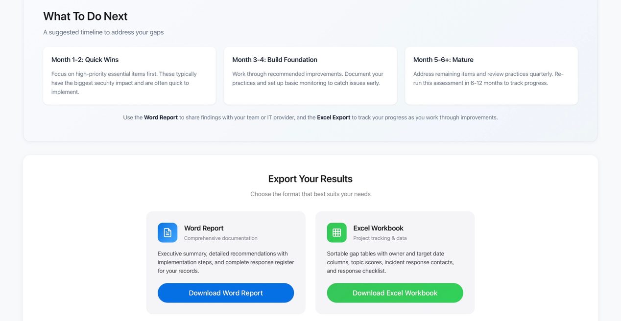 Remediation timeline and export options for Word report and Excel workbook